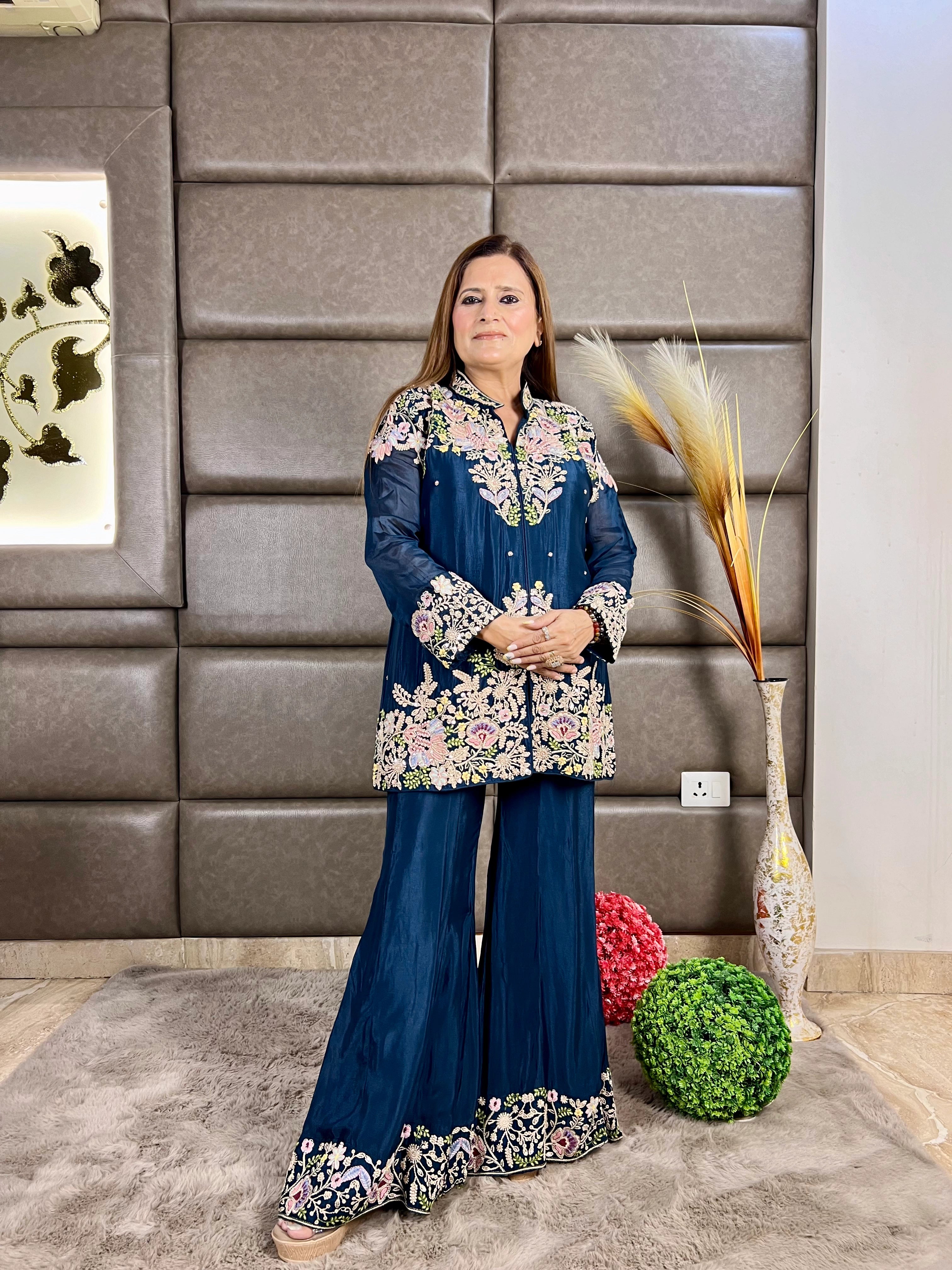 Blue Multi-Thread Embroidery Chinon Sharara Set