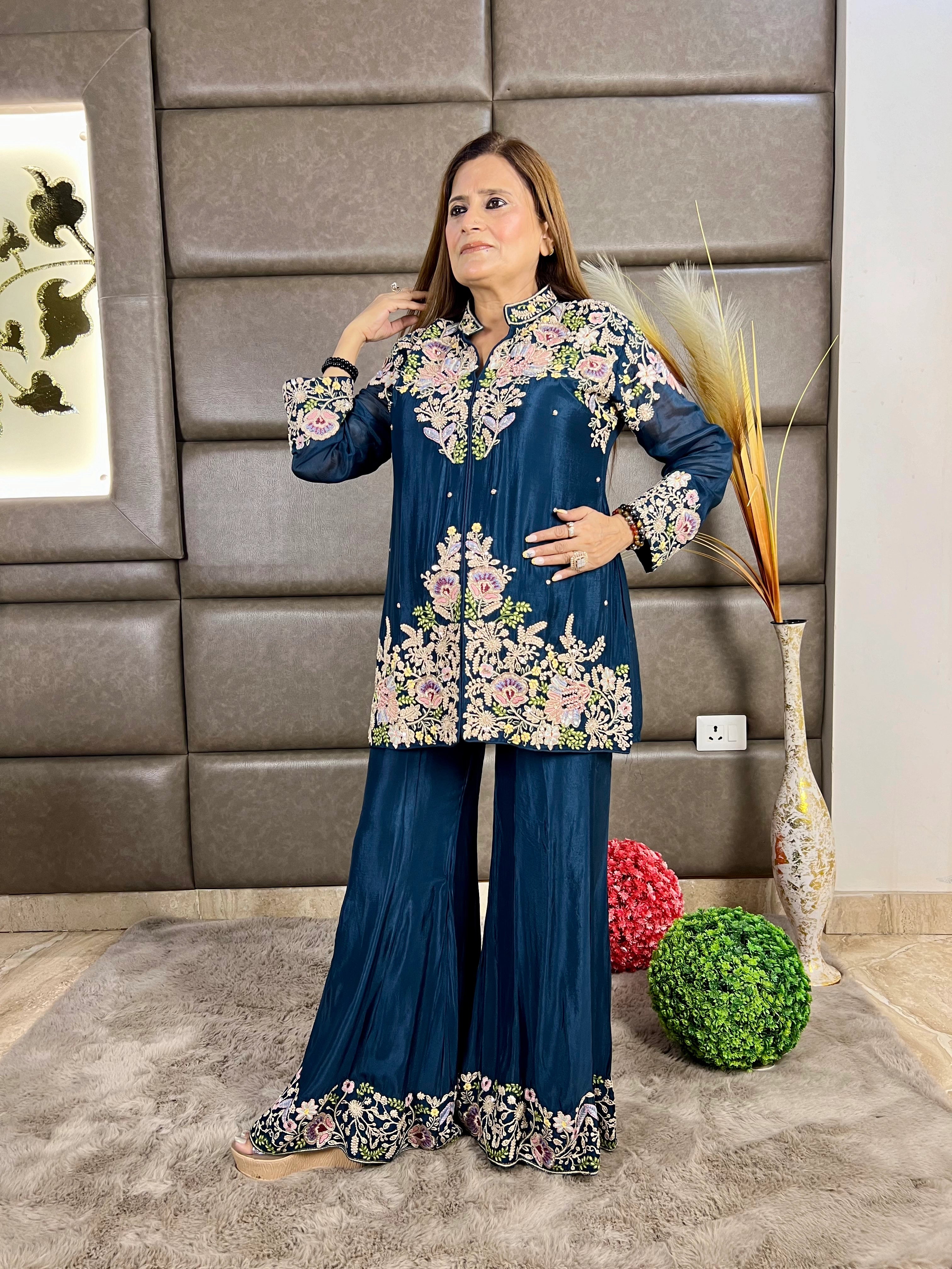 Blue Multi-Thread Embroidery Chinon Sharara Set
