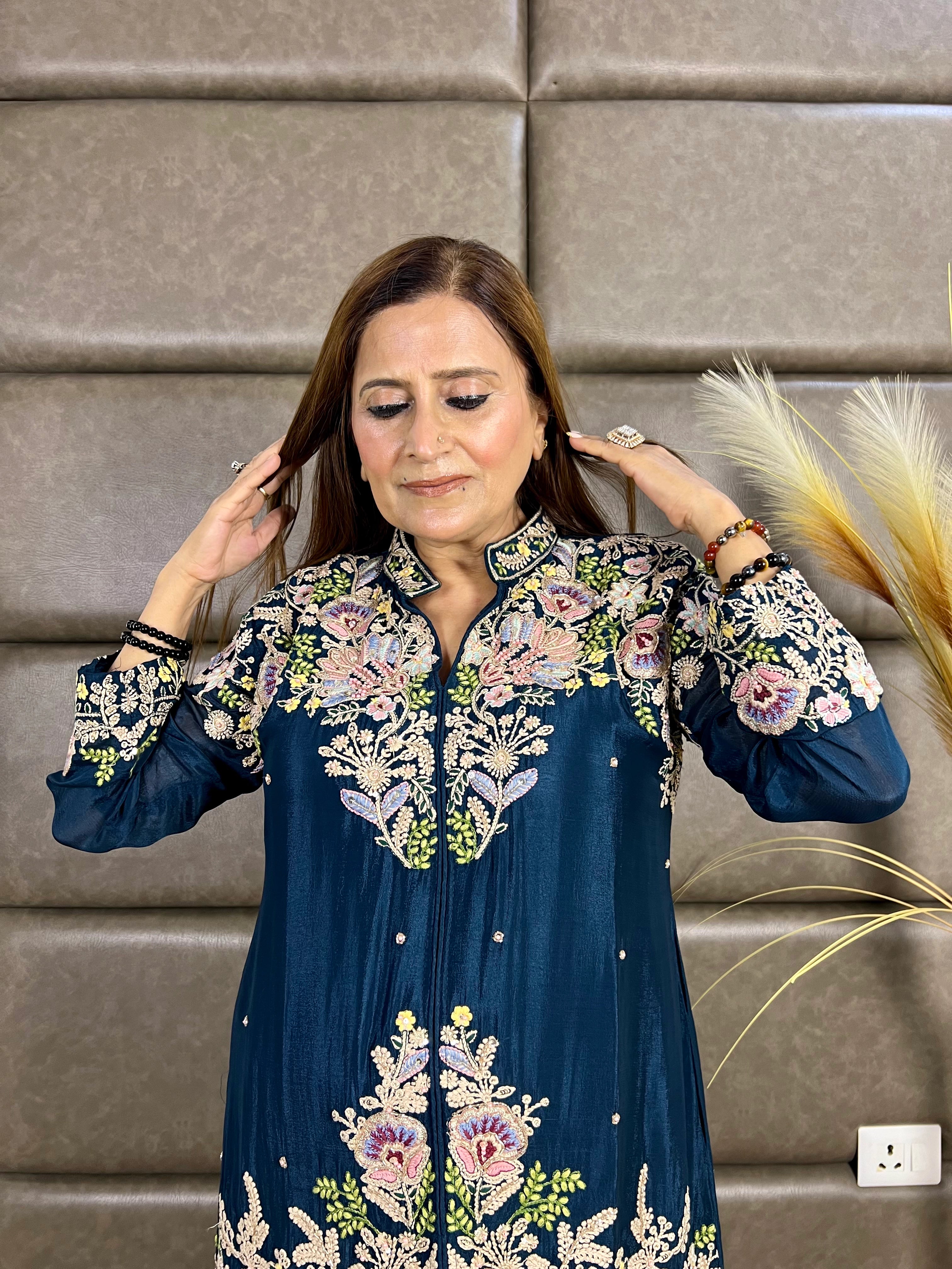 Blue Multi-Thread Embroidery Chinon Sharara Set