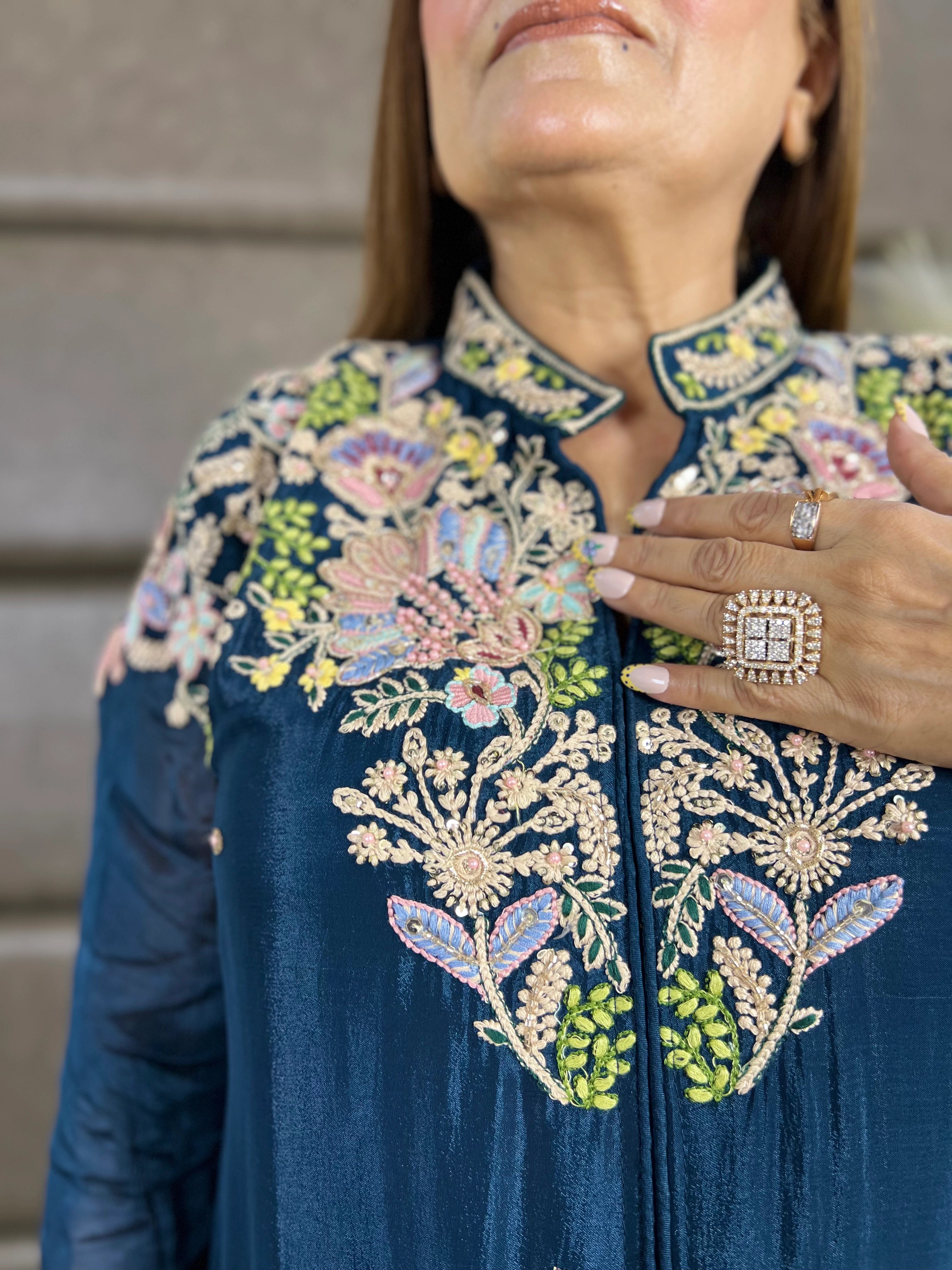 Blue Multi-Thread Embroidery Chinon Sharara Set