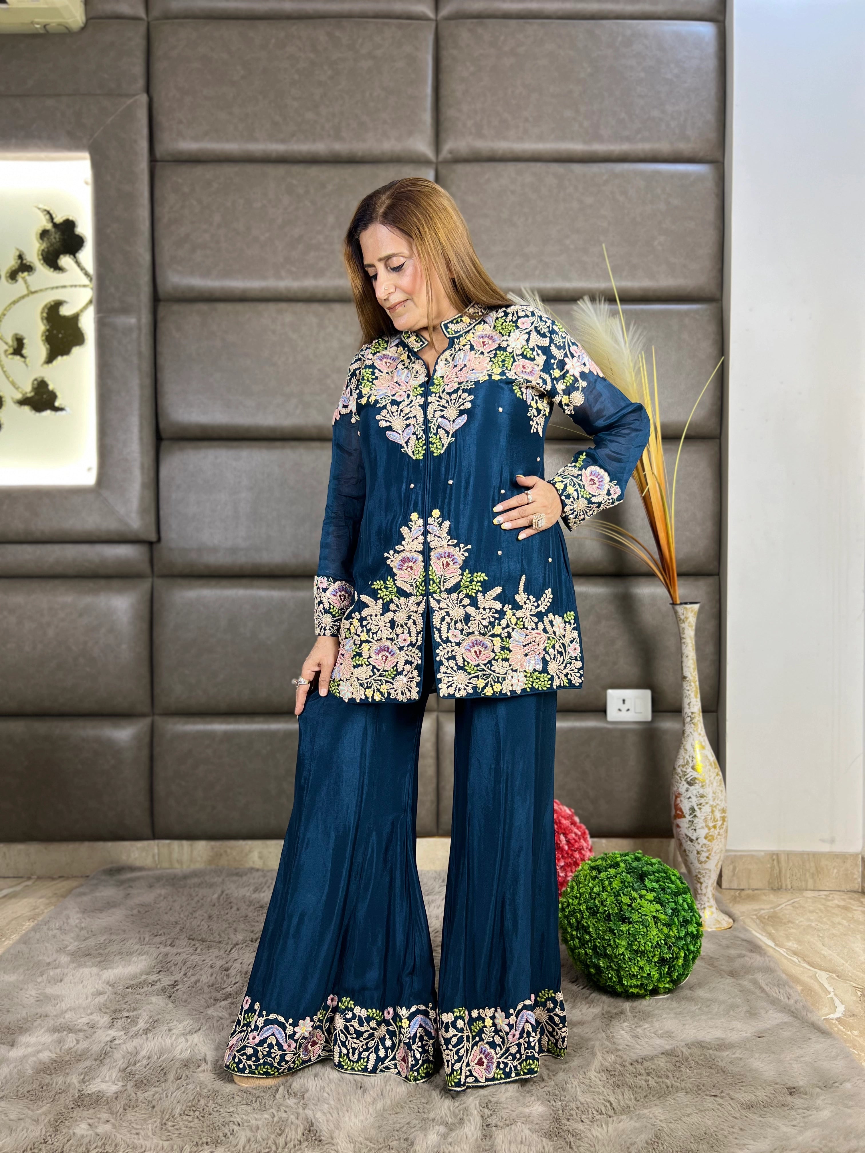 Blue Multi-Thread Embroidery Chinon Sharara Set