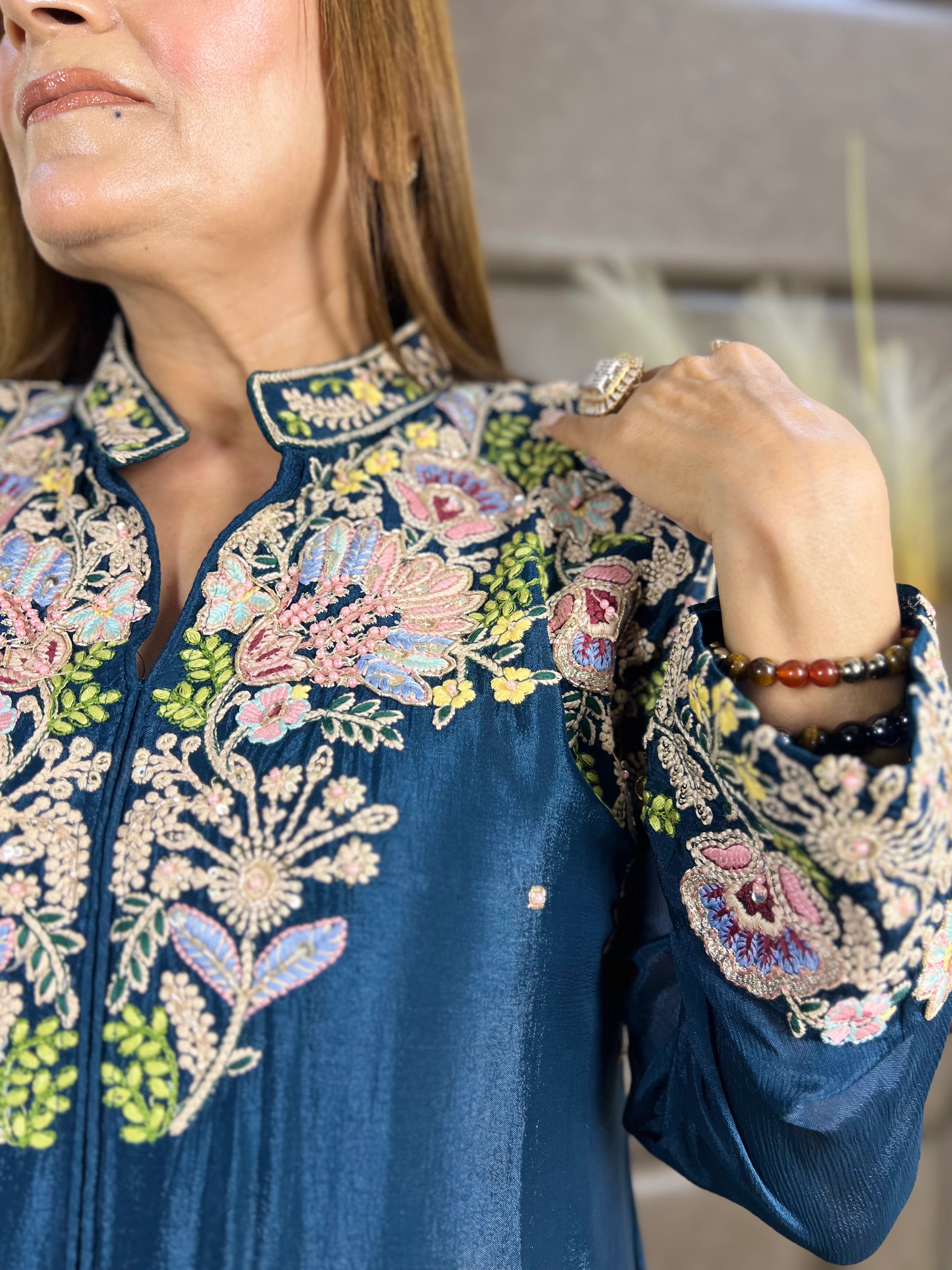 Blue Multi-Thread Embroidery Chinon Sharara Set