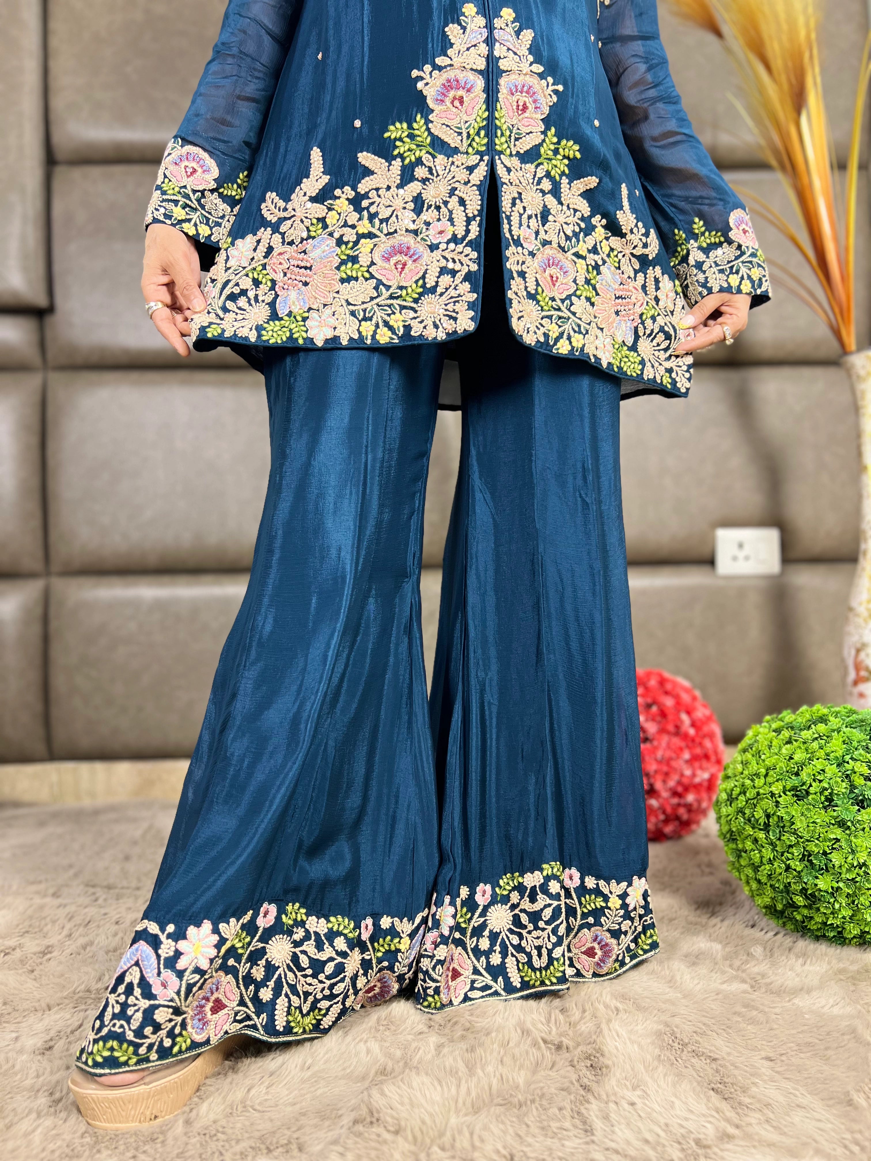 Blue Multi-Thread Embroidery Chinon Sharara Set