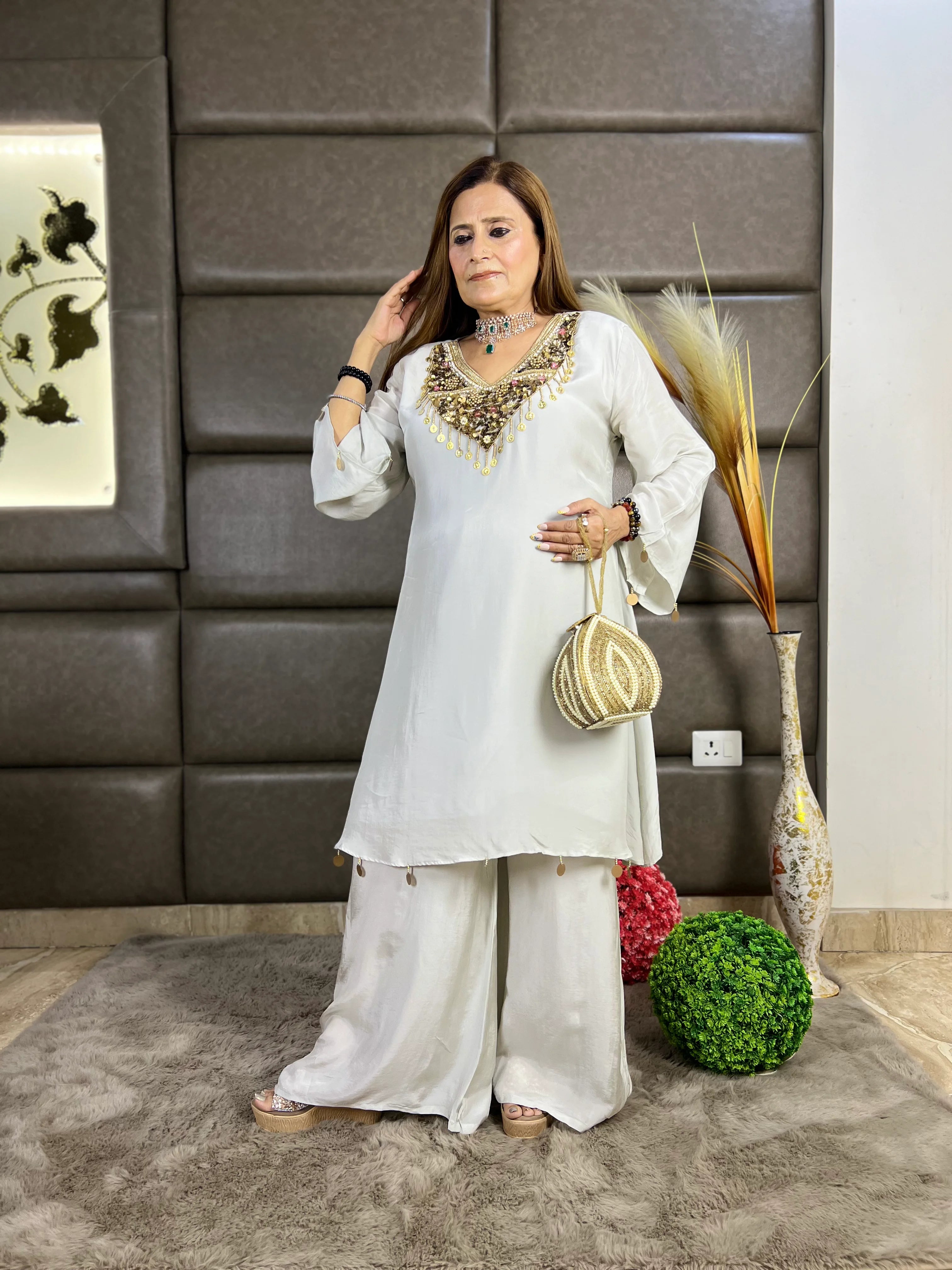 Grey Gold Sequin Embroidery Indo-Western Set