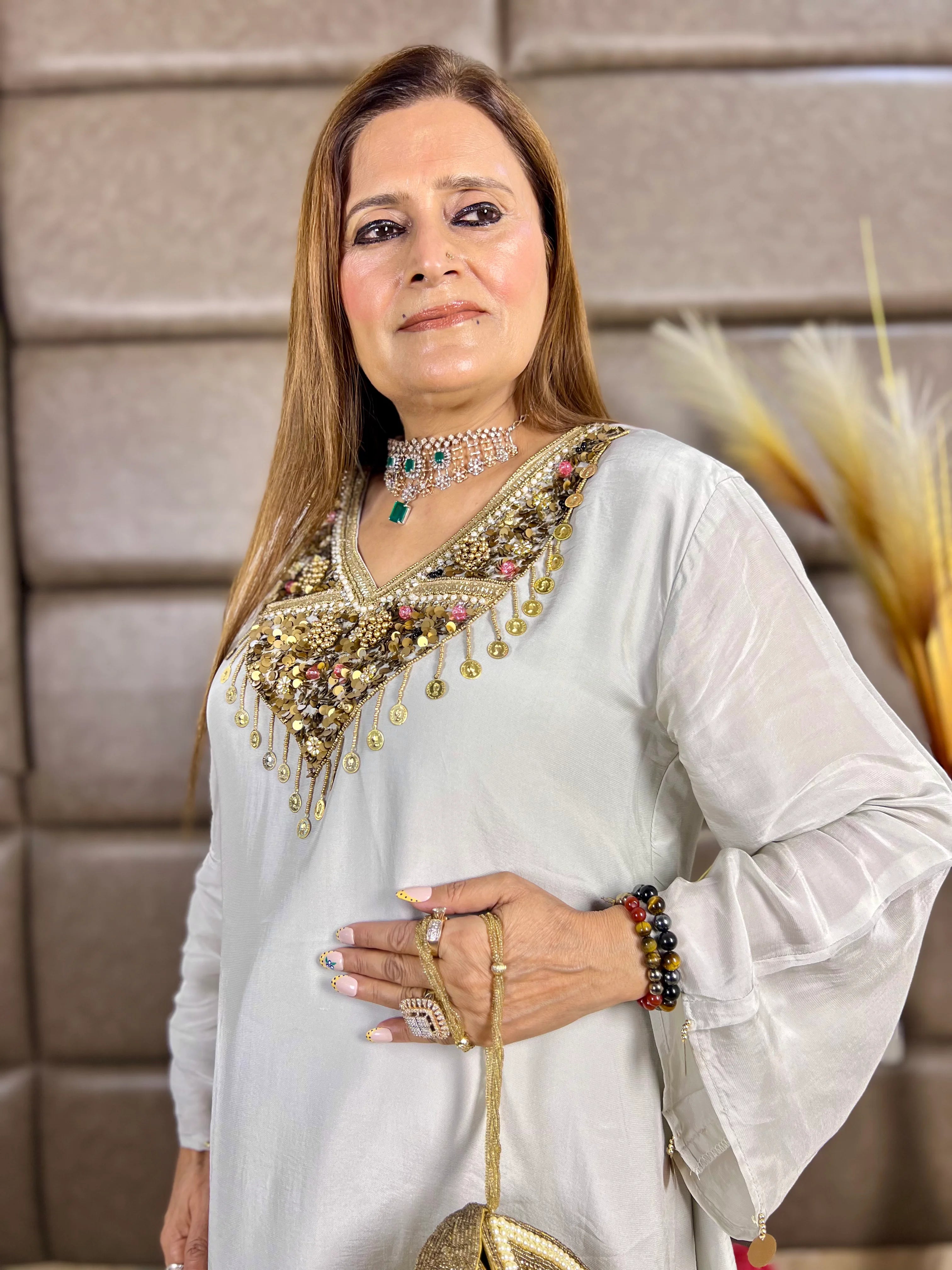 Grey Gold Sequin Embroidery Indo-Western Set