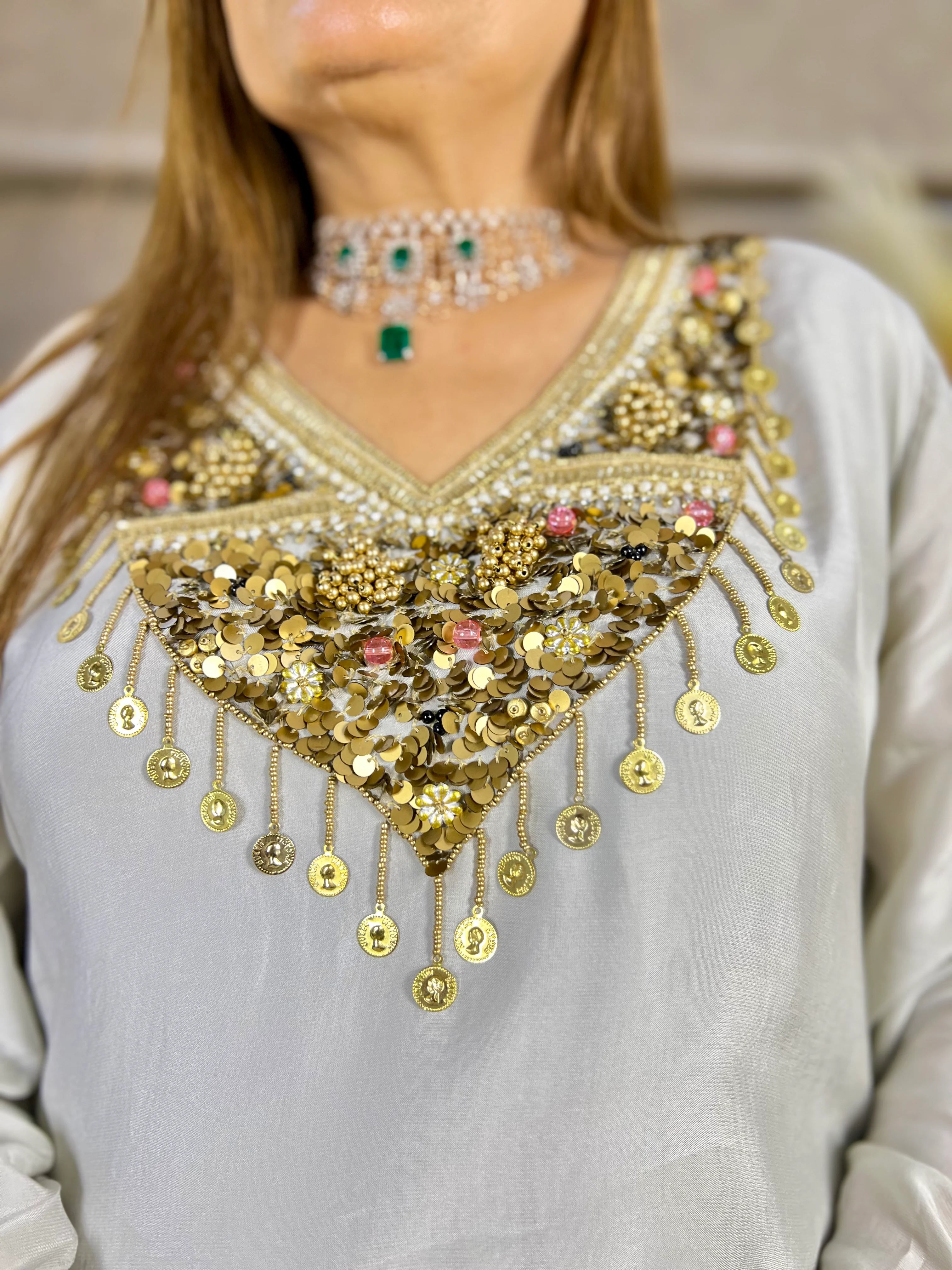 Grey Gold Sequin Embroidery Indo-Western Set