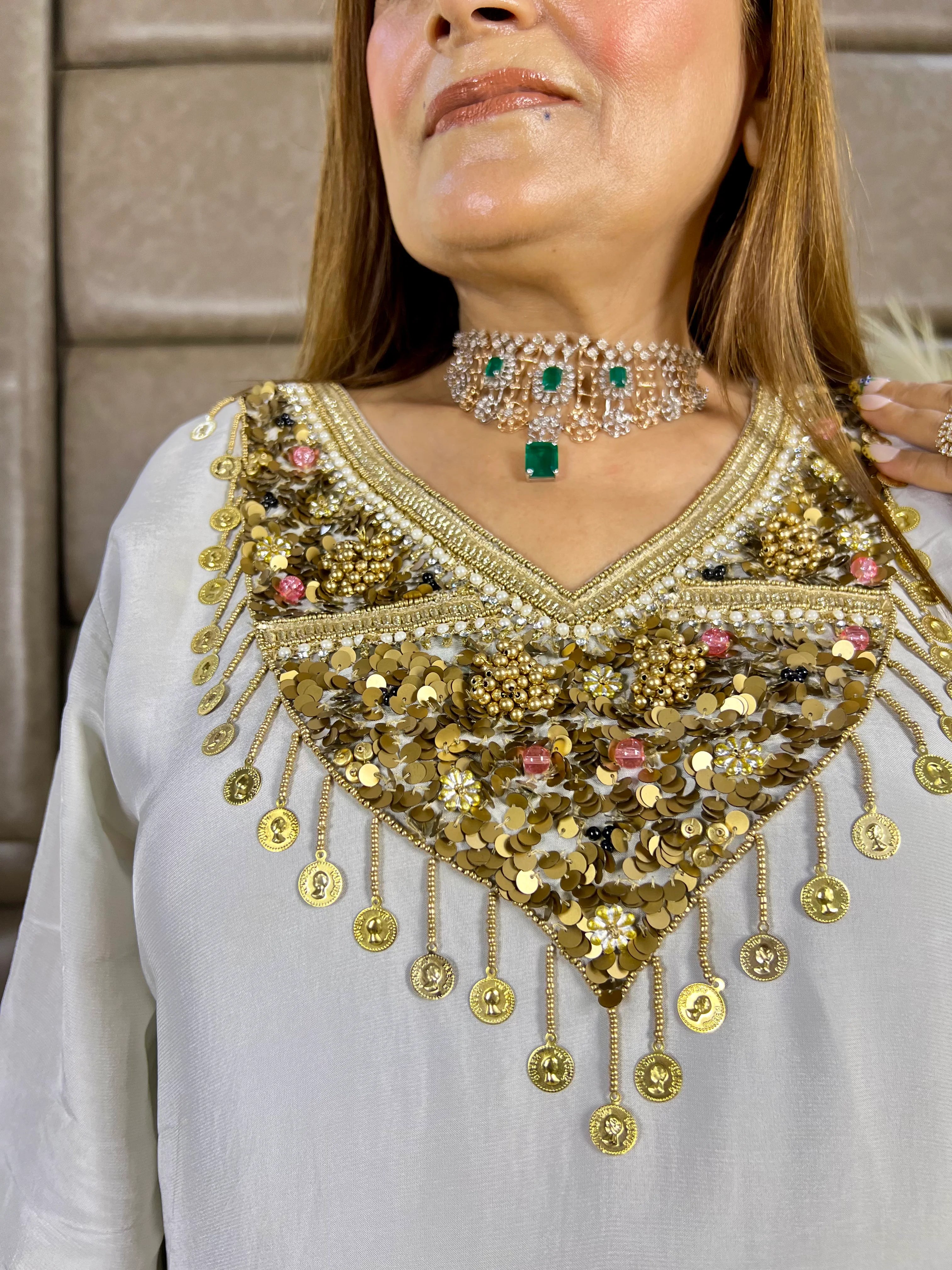 Grey Gold Sequin Embroidery Indo-Western Set