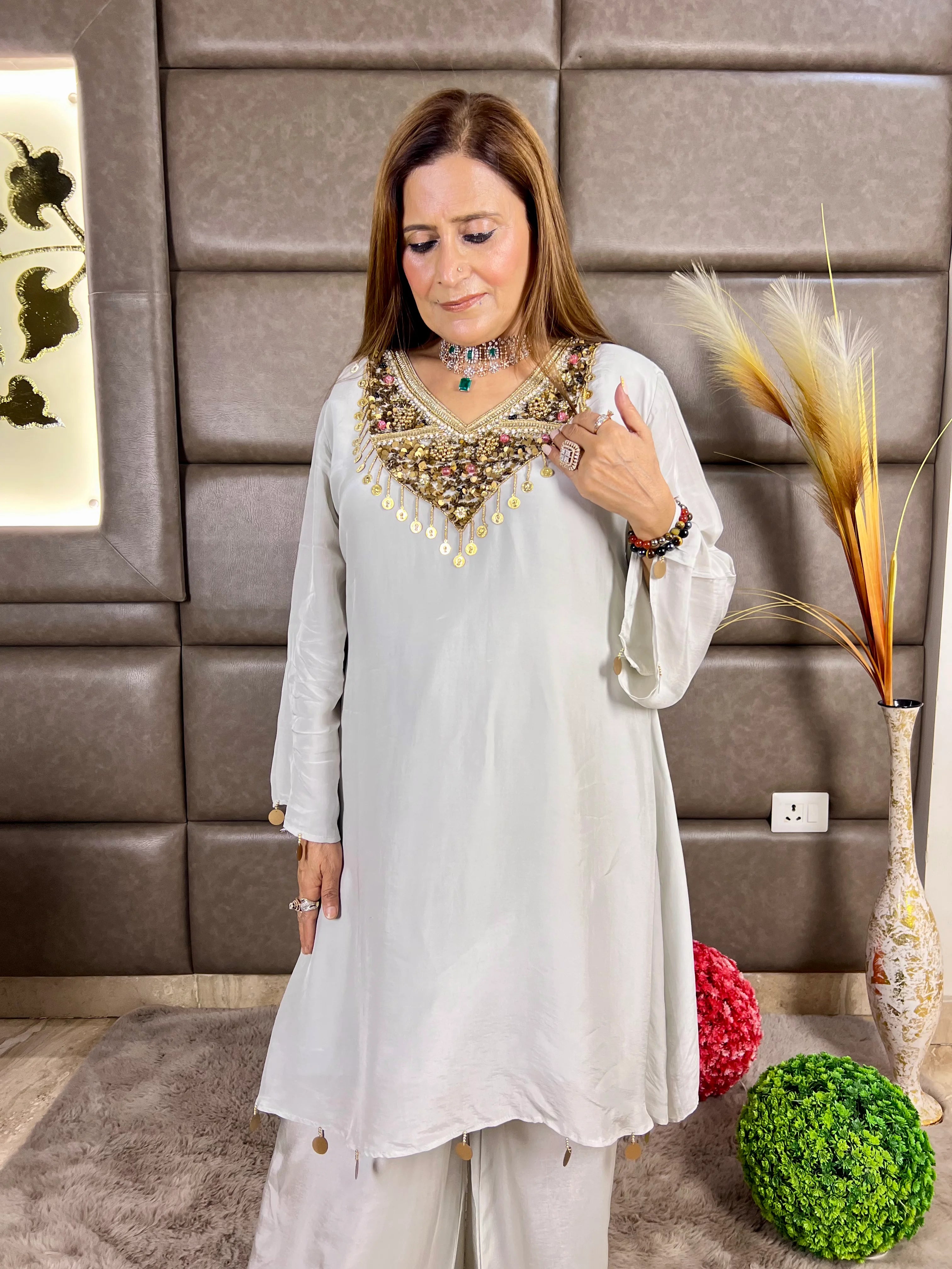 Grey Gold Sequin Embroidery Indo-Western Set