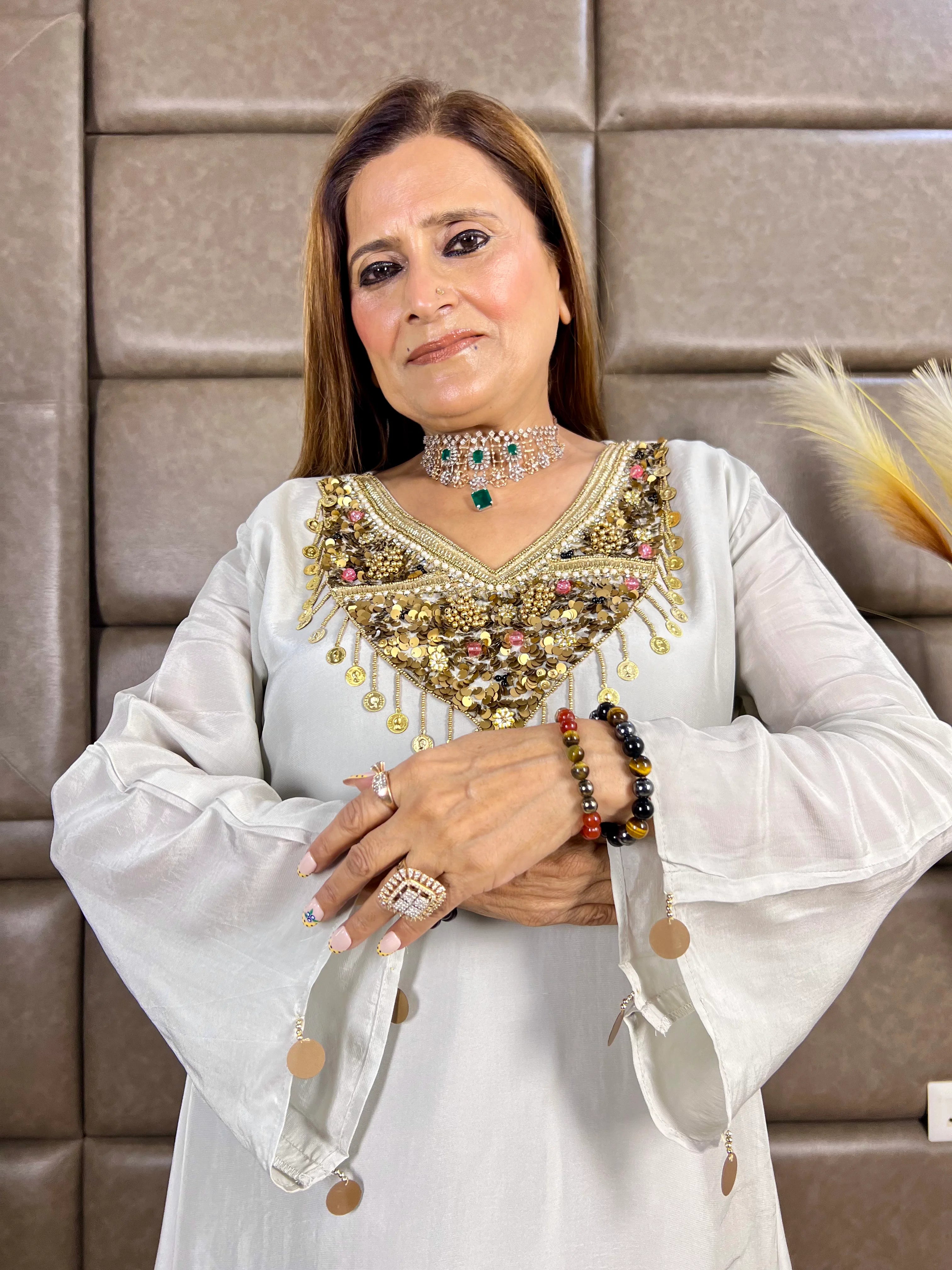Grey Gold Sequin Embroidery Indo-Western Set