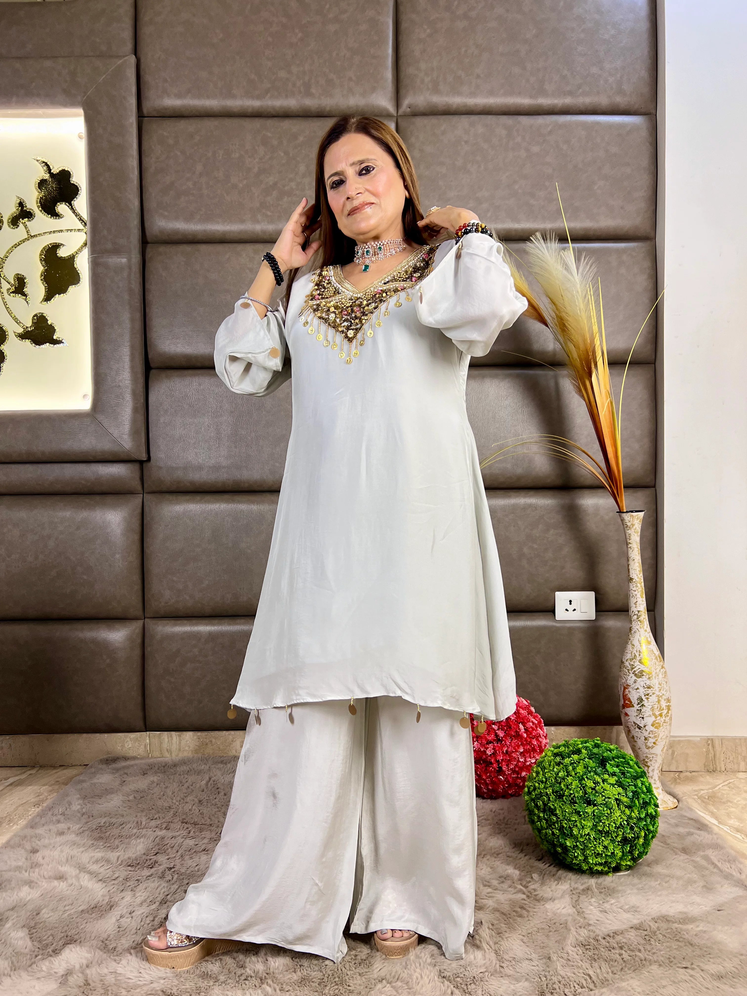 Grey Gold Sequin Embroidery Indo-Western Set