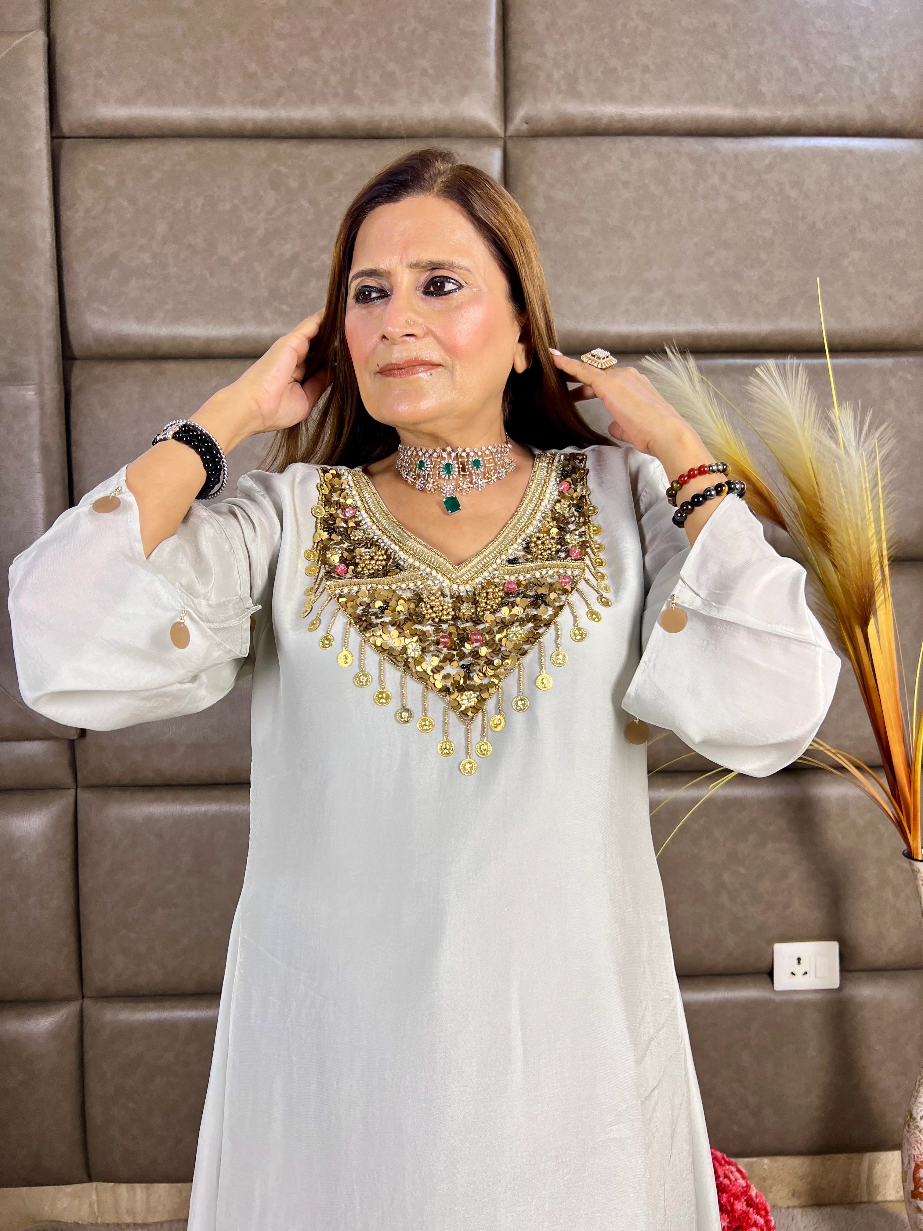 Grey Gold Sequin Embroidery Indo-Western Set