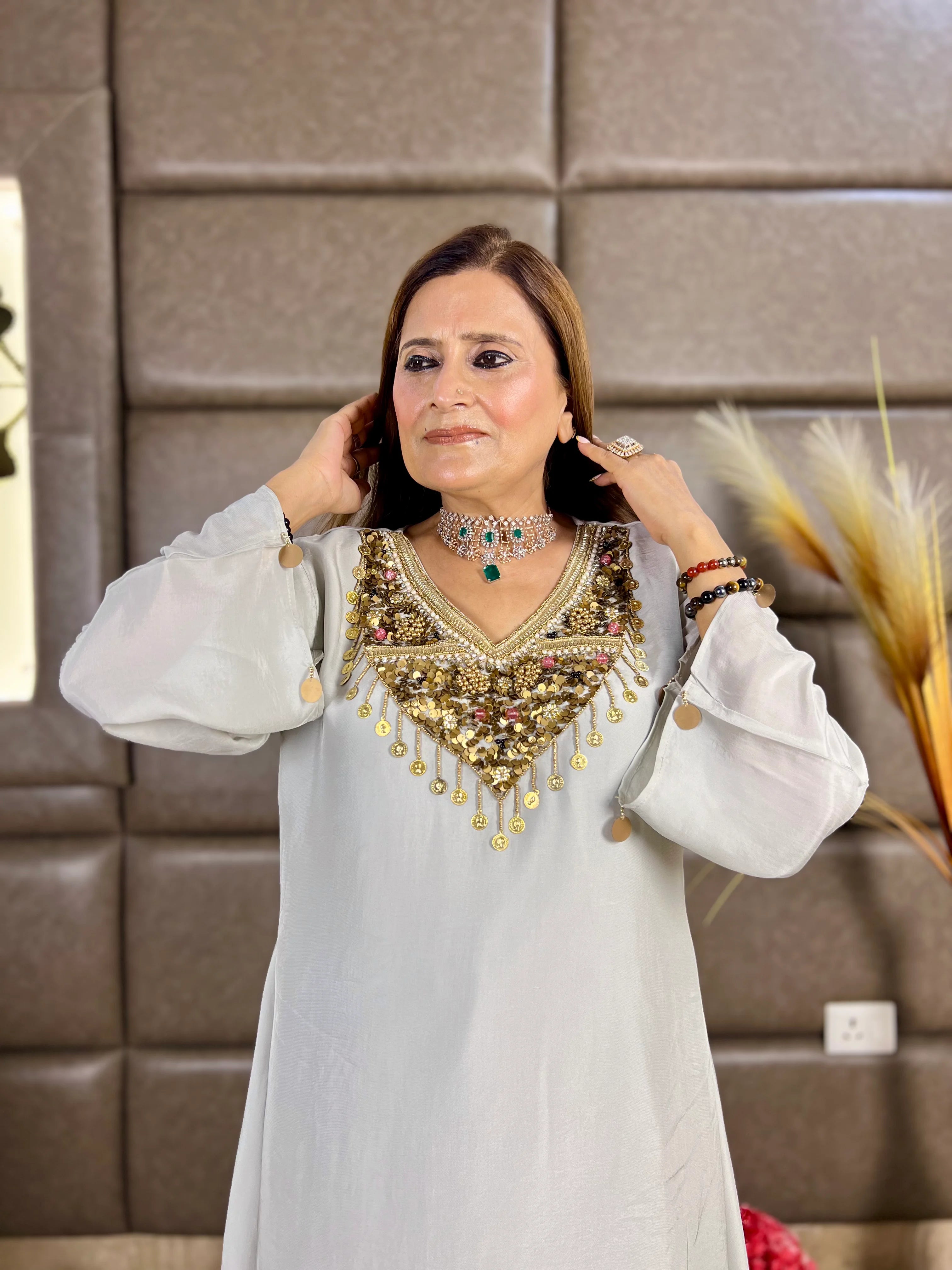 Grey Gold Sequin Embroidery Indo-Western Set