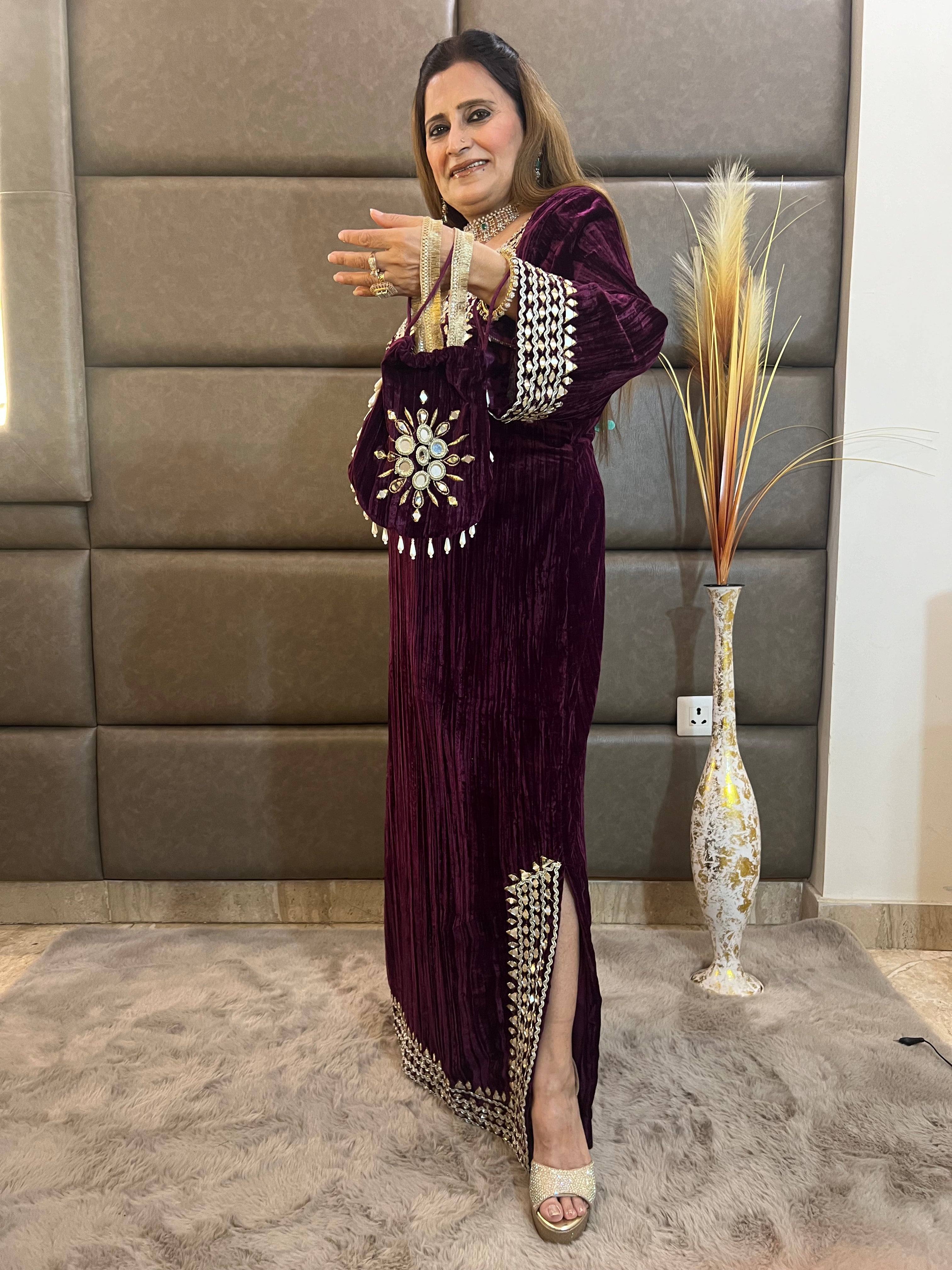 Velvet Long Dress with Potli