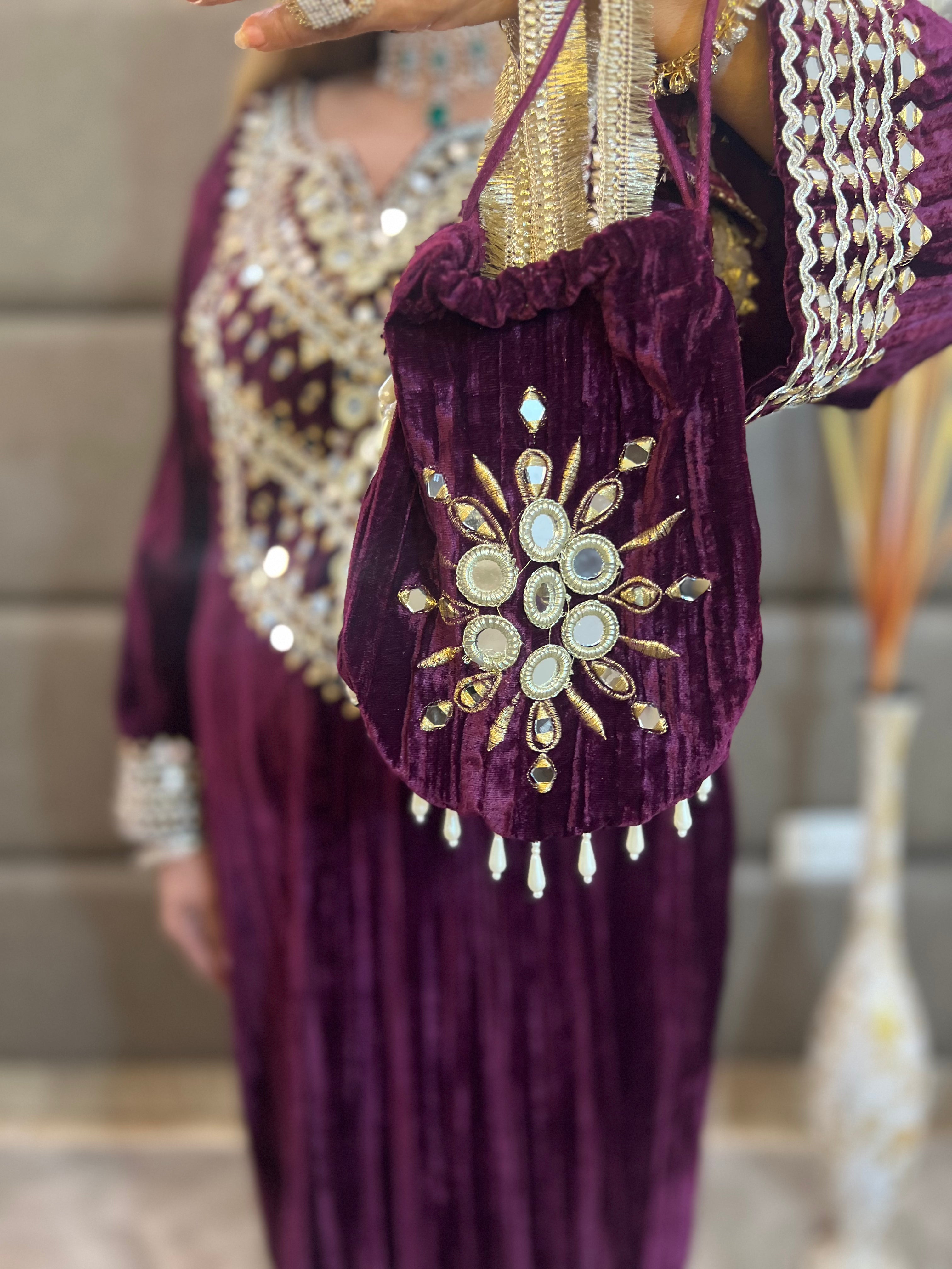 Velvet Long Dress with Potli