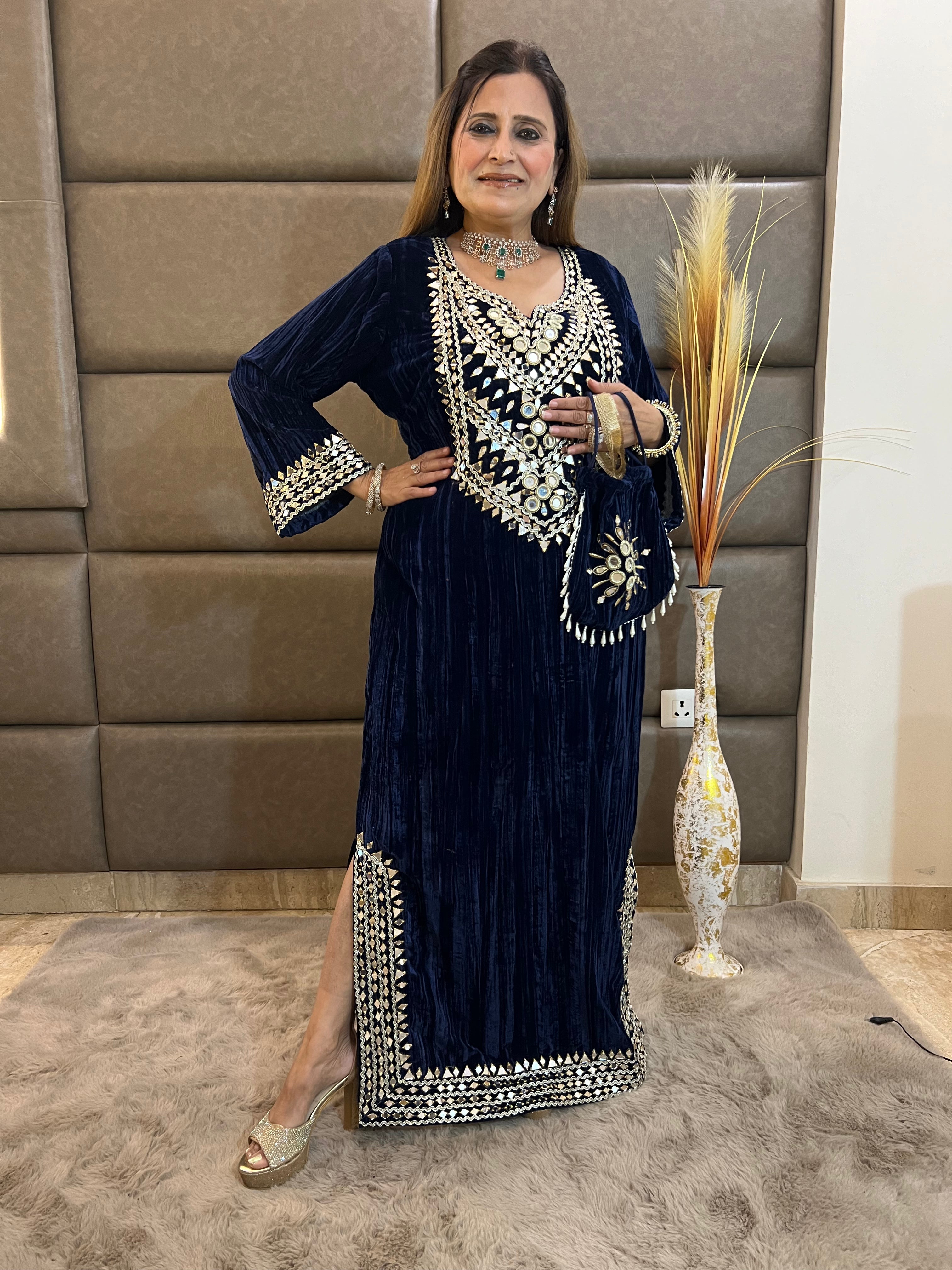 Velvet Long Dress with Potli