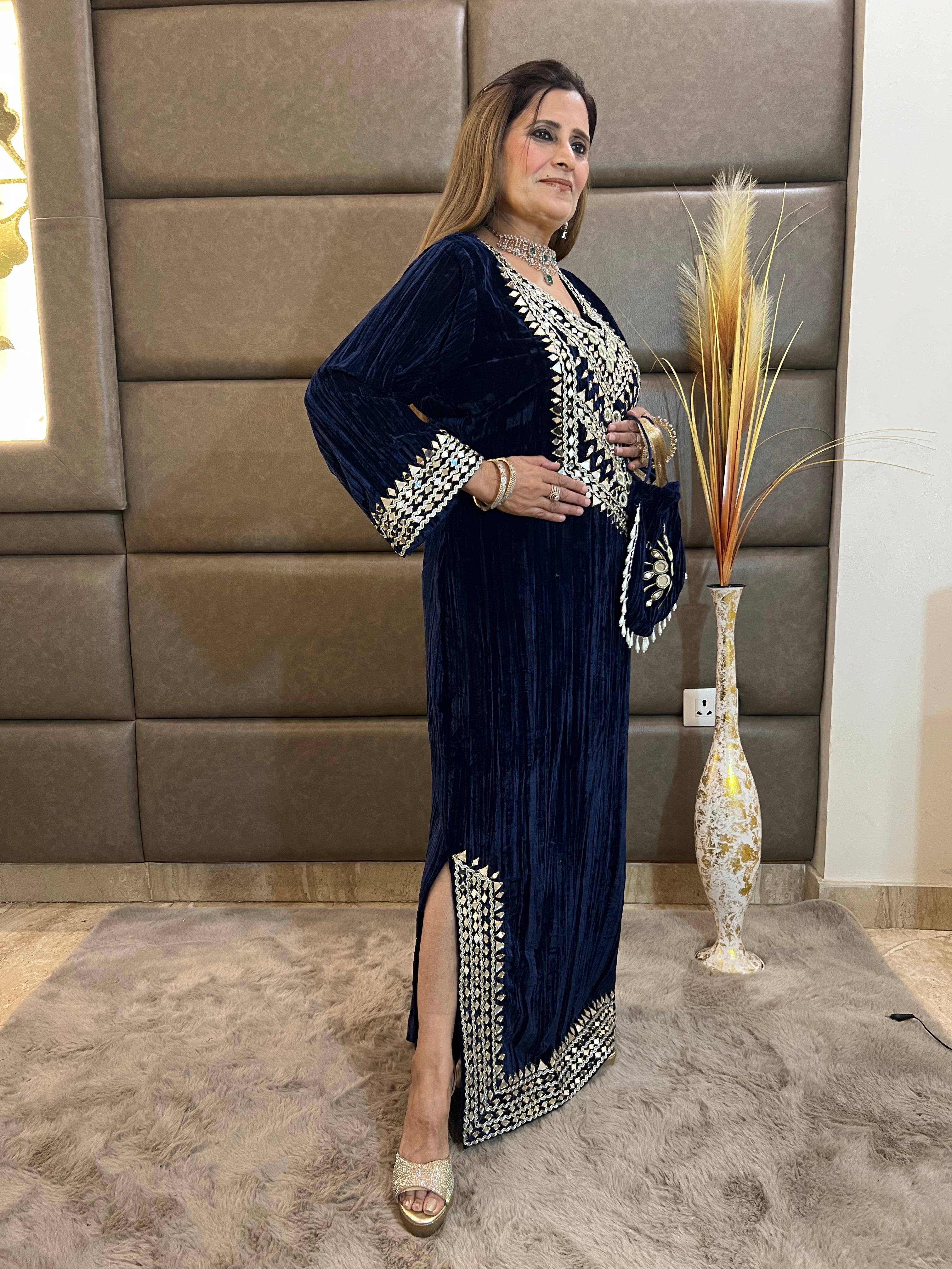 Velvet Long Dress with Potli