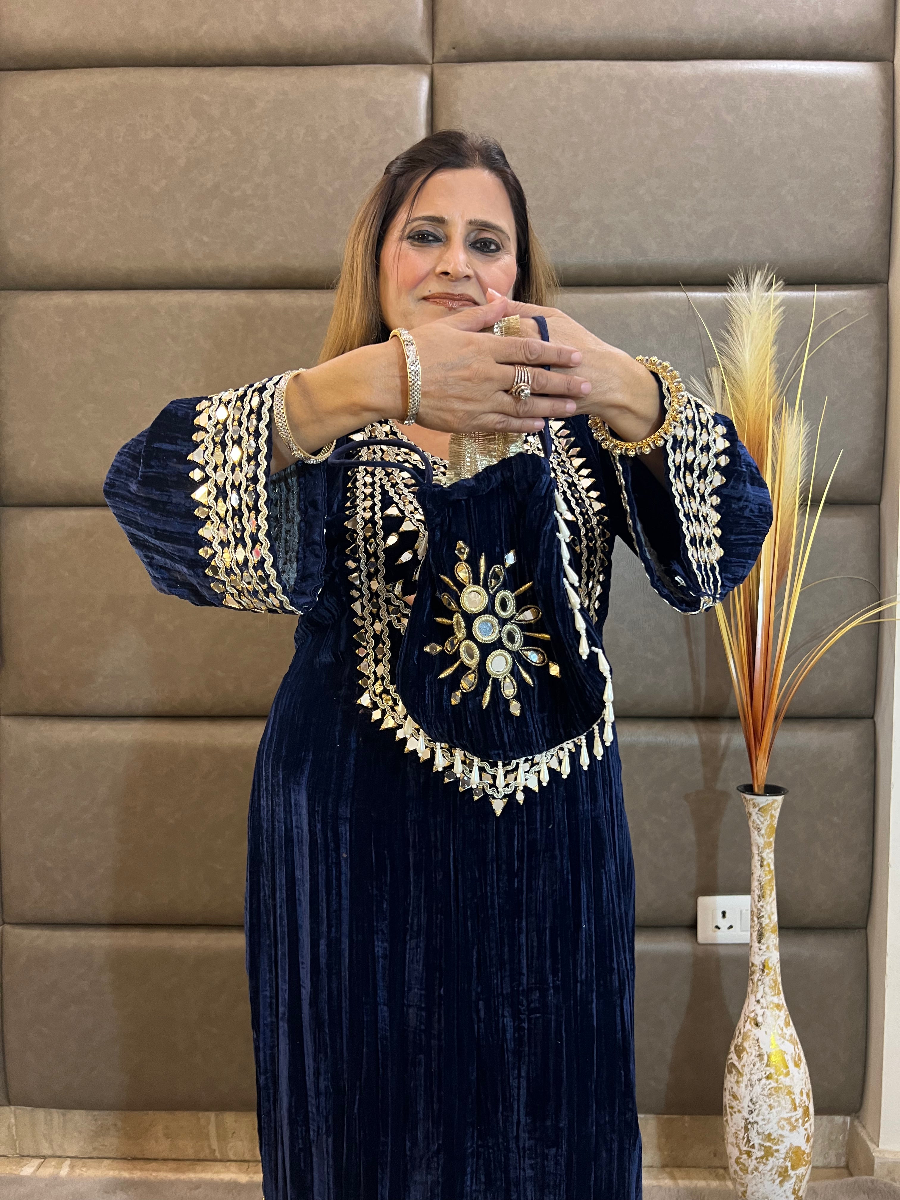 Velvet Long Dress with Potli