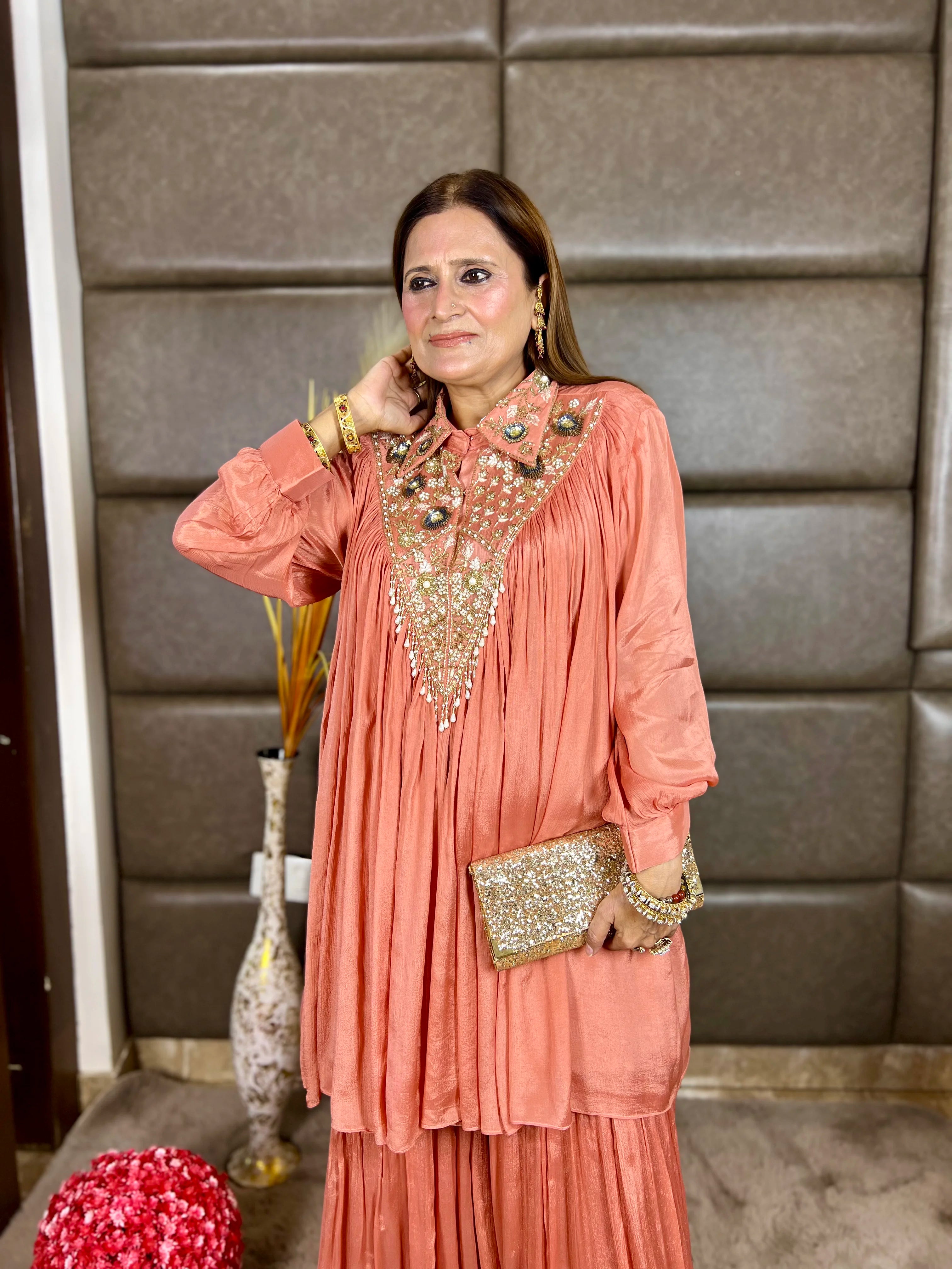 Pure Chinon Designer Handwork Shirt & Garara Set