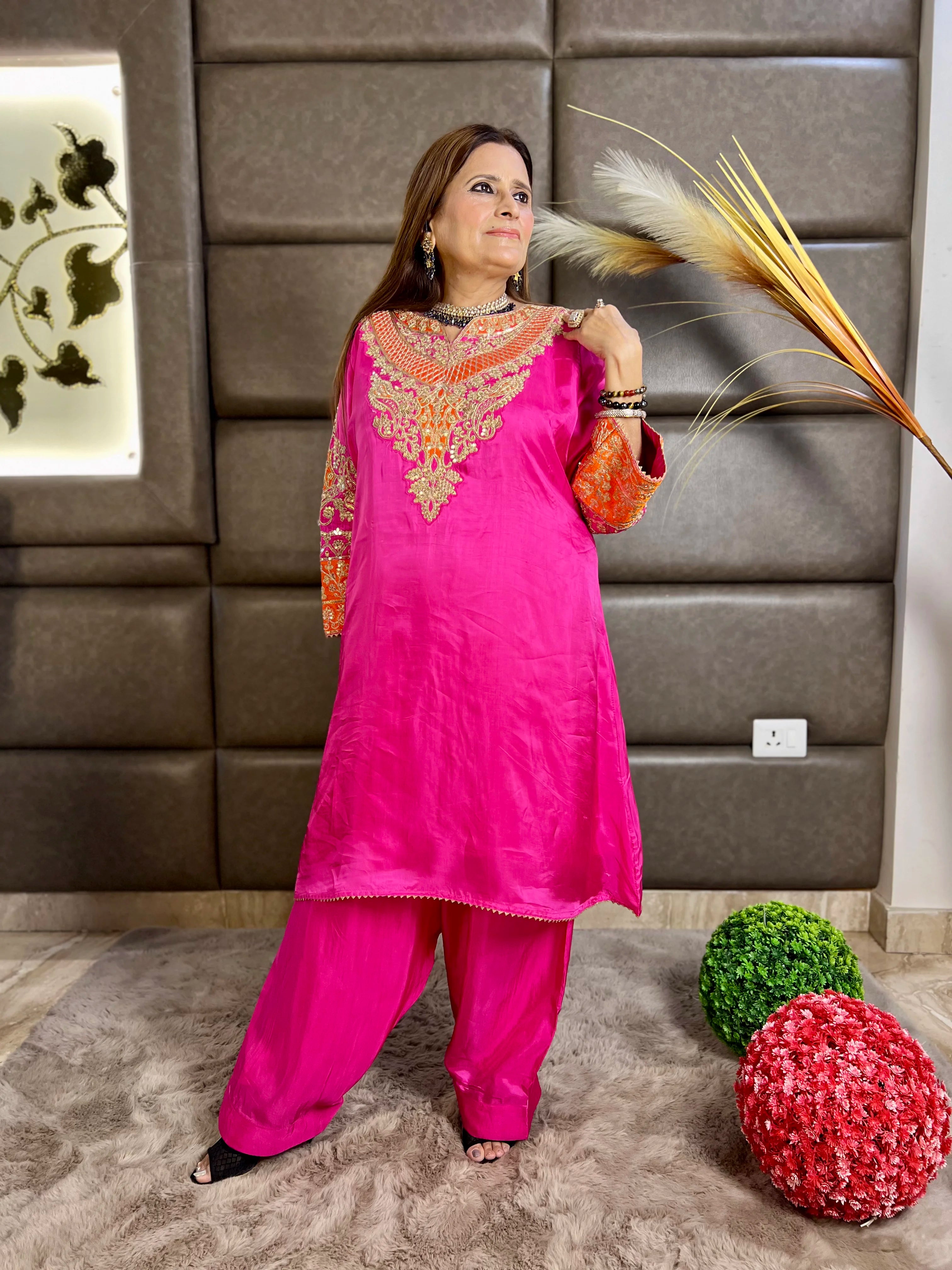 Gulzaar - Crepe Silk Zari & Sequin Festive Set with Farshi Salwar